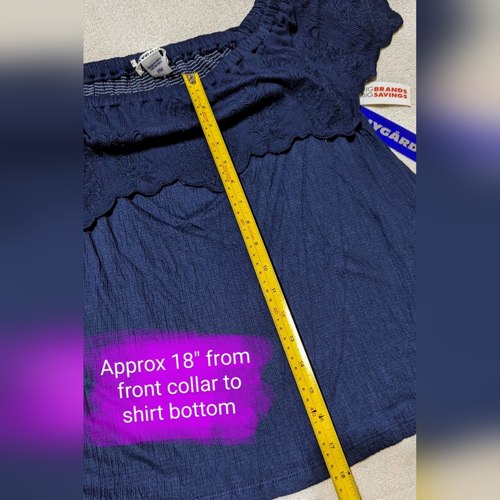 NyGard brand size Petite Med BNWT, off the shoulder flowy, indigo shirt - Picture 7 of 13